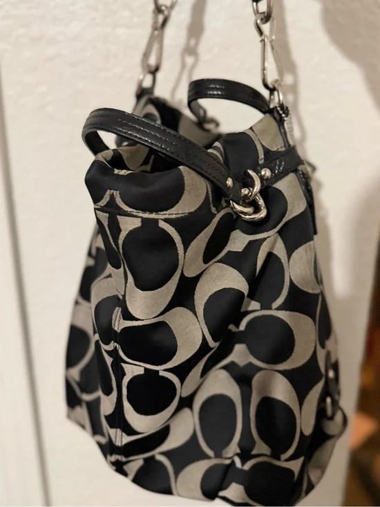 Coach Black and Taupe Signature Canvas Shoulder Bag