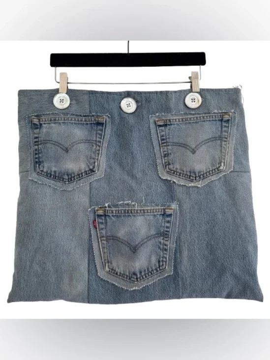 Levi’s Upcycled Handmade Denim Pillow Cover Blue Pockets Quilted Americana 18x20
