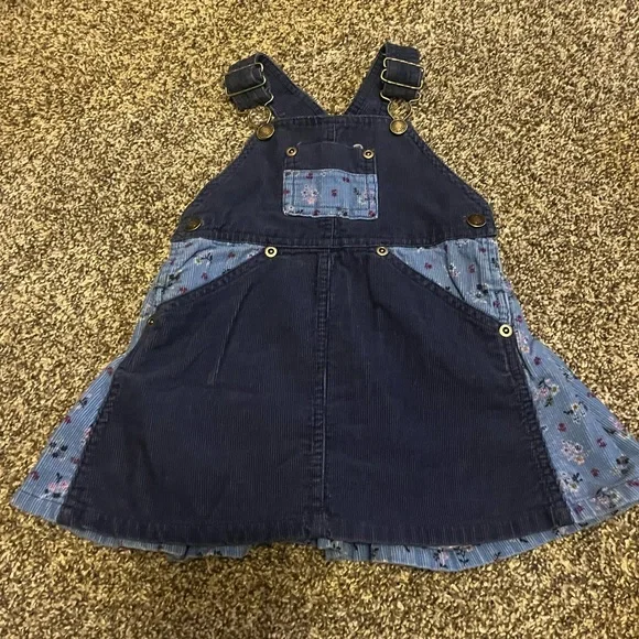 Vintage Wonderkids Overall Dress Jumper Corduroy Blue Ditzy Floral‎ 12 M Pleated