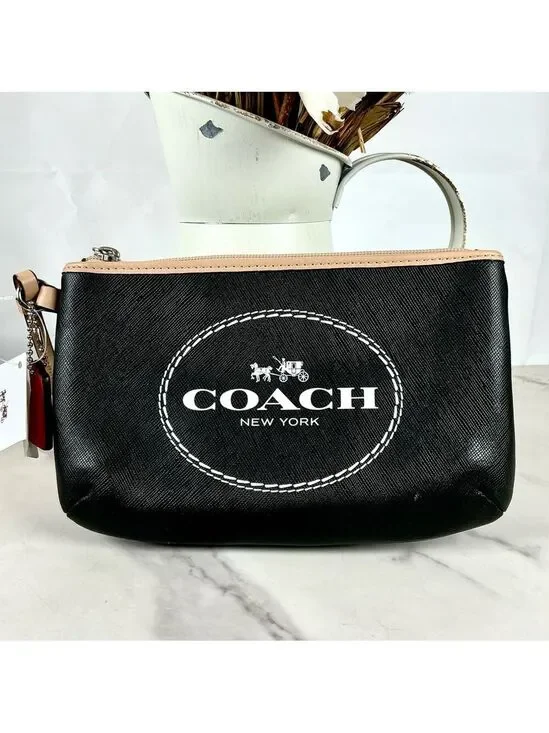 New Coach Horse And Carriage Black Leather Wristlet Bag Tan Trim Wallet‎