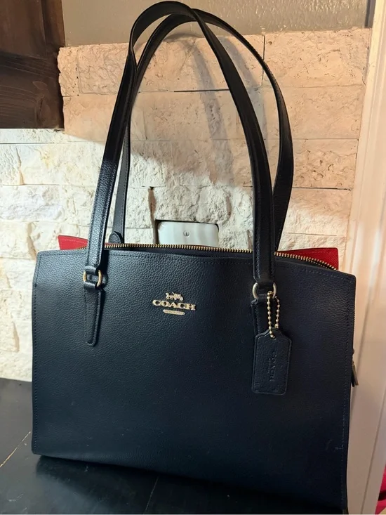 Coach Lilly Carryall Square Black Red Interior Crossgrain Leather Tote Bag C4077