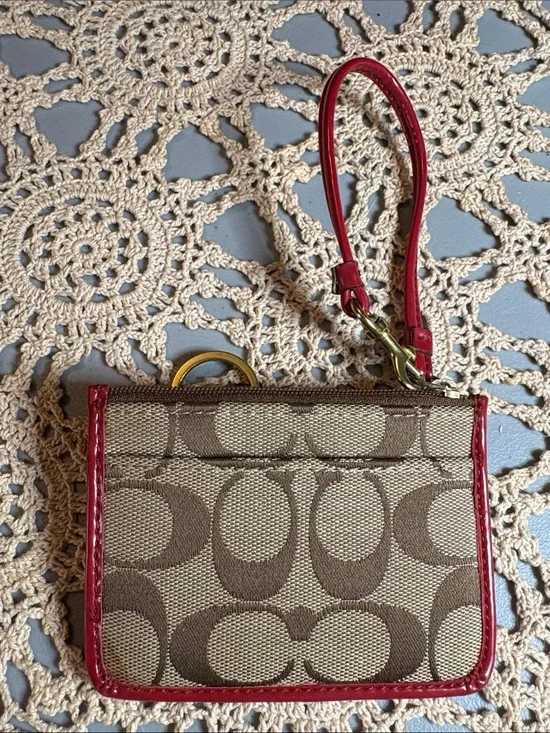 Card Tan Signature Canvas Case with Red Trim Wristlet