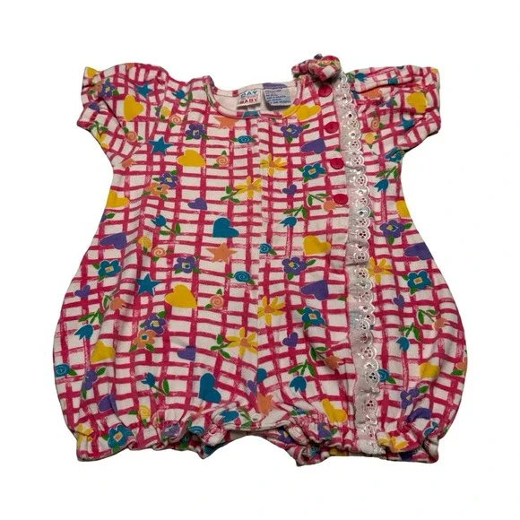 Vintage Day Sportswear Baby Pink Grid Heart‎ Floral Bubble Romper 24M 90s Cotton