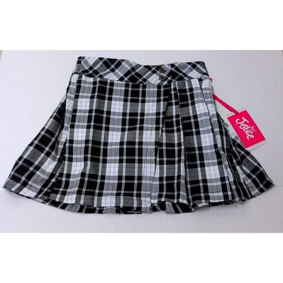 Justice Girls Plaid Pleated Skirt Skort Black White Blue‎ Girls L (12/14) #26103
