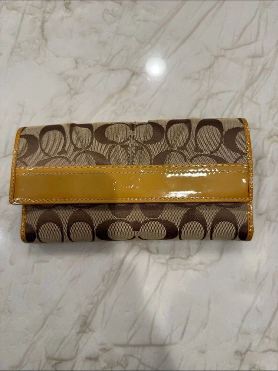 Coach Continental Wallet in Brown Signature Canvas with Yellow Patent Trim
