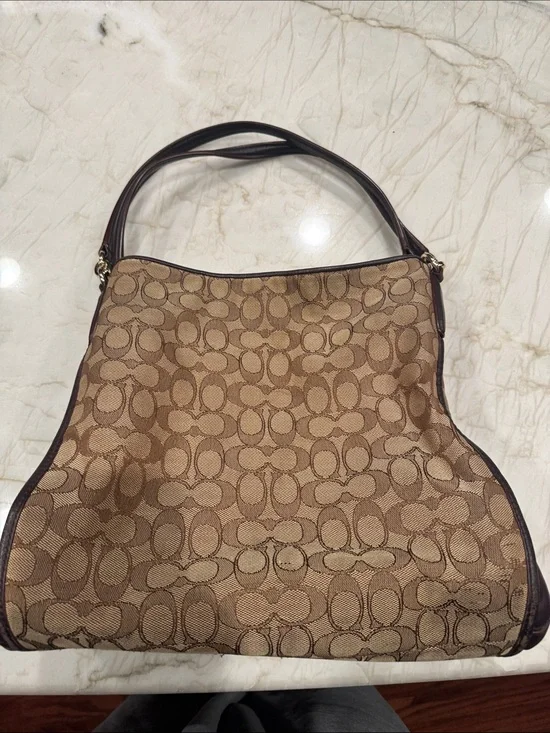 Coach Signature Canvas Shoulder Bag in Tan and Dark Brown