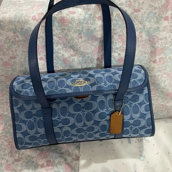Coach Light Blue Signature Denim Shoulder Bag with Tan Tag