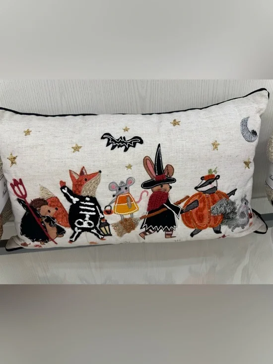 Halloween Animal Parade Embroidered Pillow - Orange, Black, White, Gold Accents