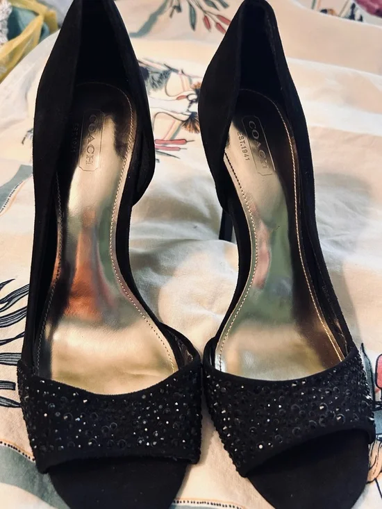 Coach Black Suede Open-Toe Heels with Sparkle Toe Strap