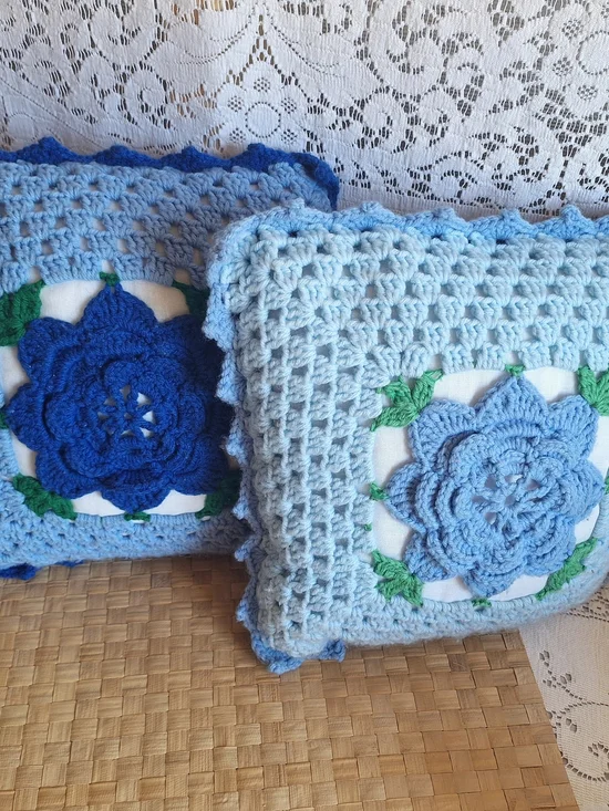 Handmade Blue Crochet Floral Throw Pillow