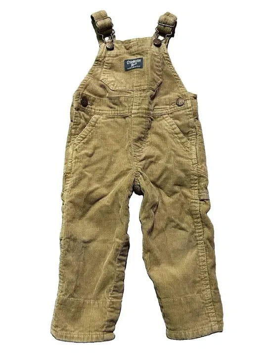 Baby Boy Oshkosh Beige Corduroy Overalls Plaid Cuffs Size 12 Months