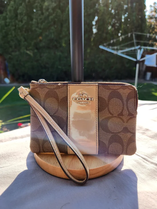 COACH Signature Canvas Wristlet in Brown with Tan Accent