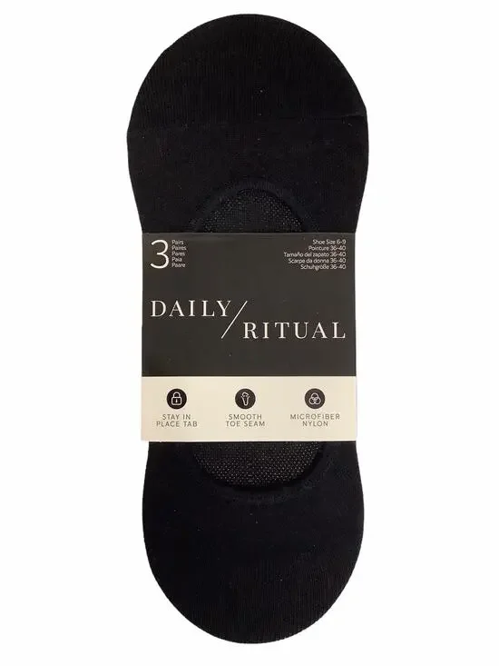 Daily Ritual 3 Pairs Black Footie Socks Size 6-9