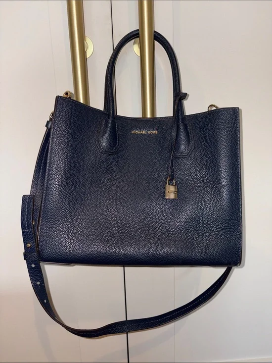 Michael Kors Navy Pebbled Leather Tote with Gold Padlock