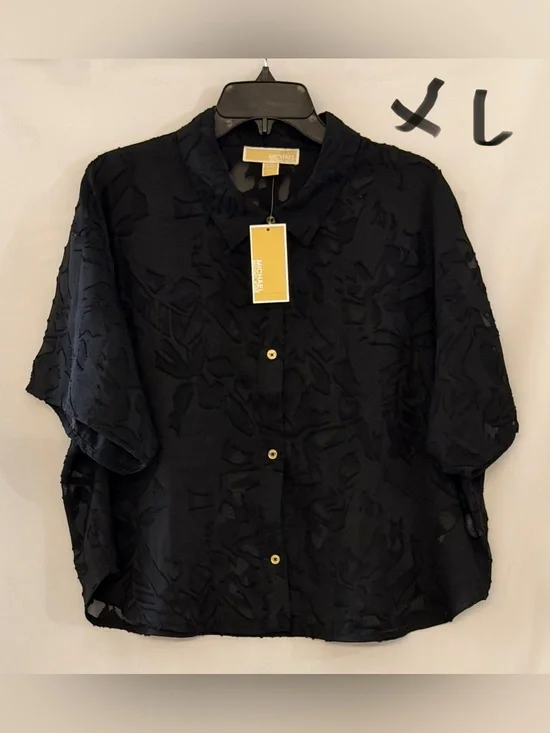 Michael Kors Black Short-Sleeve Textured Button-Down Blouse