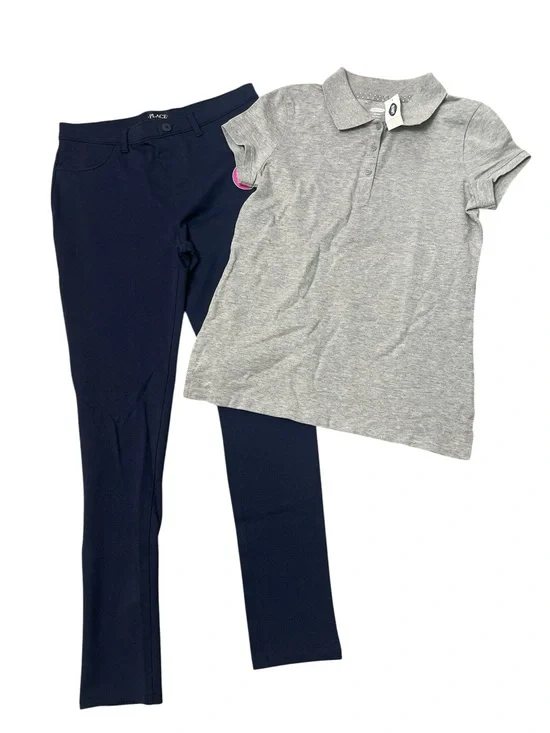 Gray Polo Top and Navy Stretch Pants Set