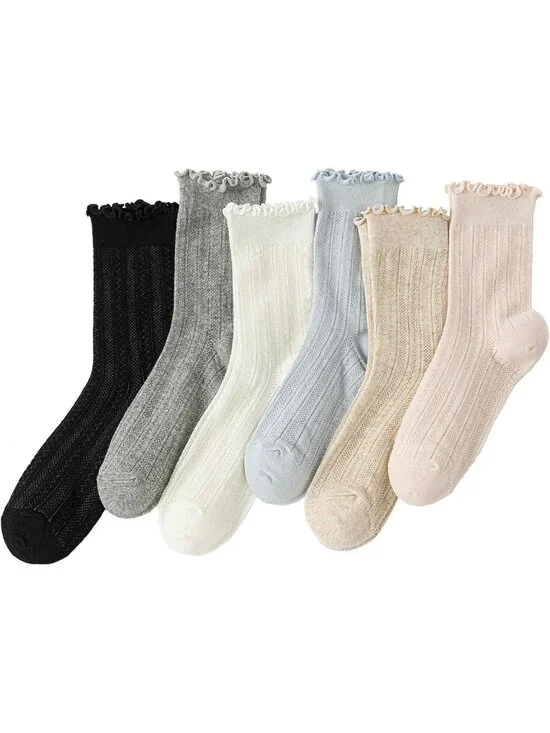 Cute Frilly Lace Ruffle Crew Socks - 6 Pairs Cotton Ankle Socks for Girls