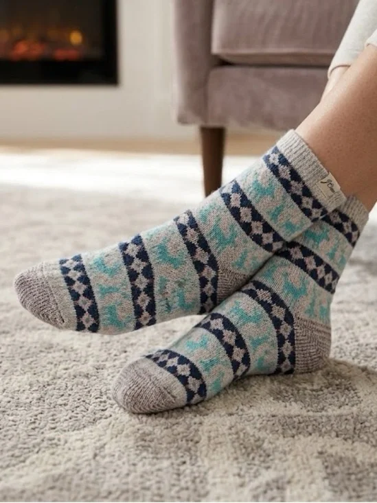 Reindeer Fair Isle Printed Crew Knit Socks
