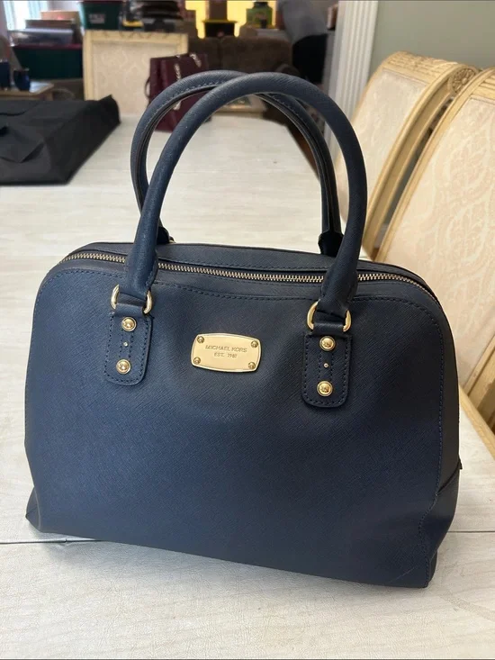 Michael Kors Navy Saffiano Dome Satchel with Gold Hardware
