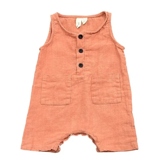 Kyte Baby Romper 6-12m Terracotta Orange‎ Linen Cotton Henley Sleeveless Pocket