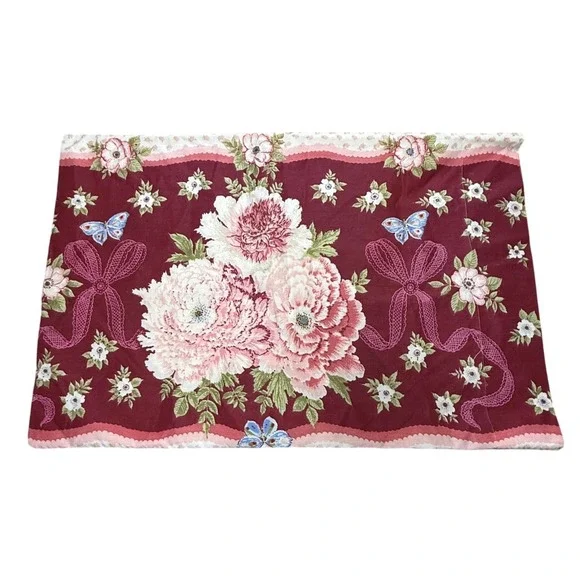Vtg Burlington Floral Butterfly Pillowcase Burgundy Pink Cottagecore Coquette