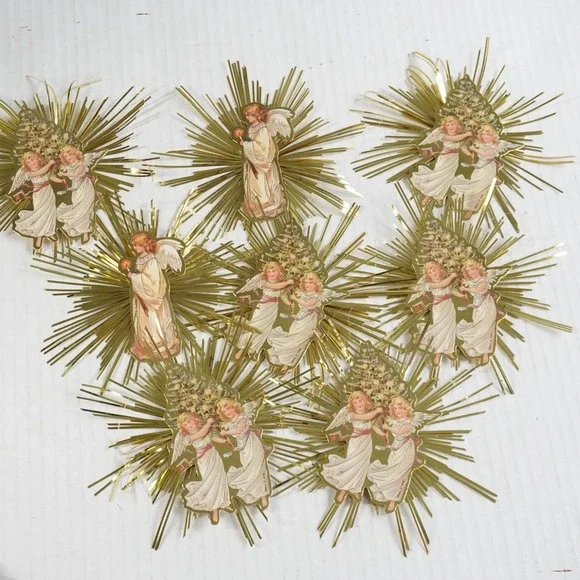 8 Vintage Victorian Style Gold‎ Foil Starburst Angel Paper Christmas Ornaments