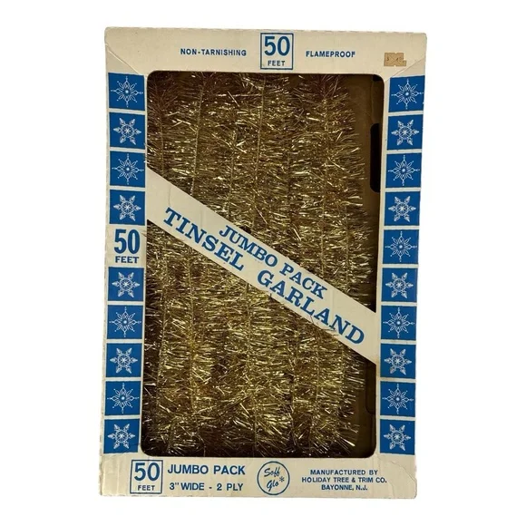 NOS Vintage Gold Christmas Tree Tinsel Garland 50 Ft x 3