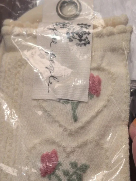 Free People Cream Knit Socks with Pink Rose Embroidery