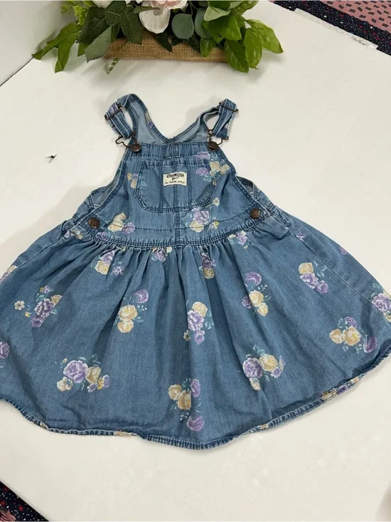 OshKosh Denim Floral Overall Dress - Blue with Purple & Yellow Flowers