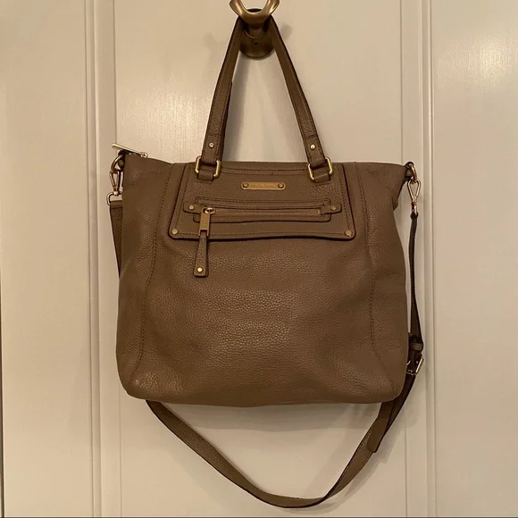 MICHAEL KORS BAG TOTE LONG STRAP TAUPE TAN GRAY PEBBLED LEATHER ZIP TOP