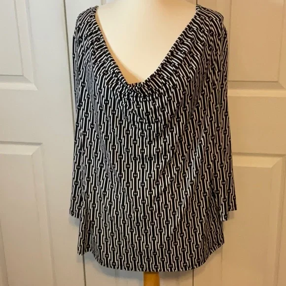 Michael Kors Black White Top Cowl Neck Blouse 3/4 Sleeve 1X‎