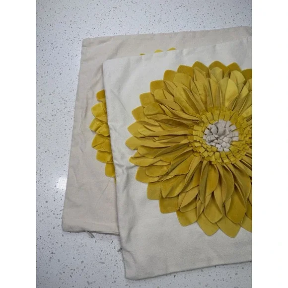 Yellow Beige Floral Embroidered Cotton Euro Pillow Shams Set of 2, Square 17x17
