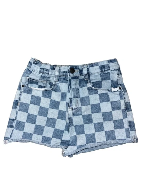 Cotton On Checkered Denim Shorts in Light and Dark Blue