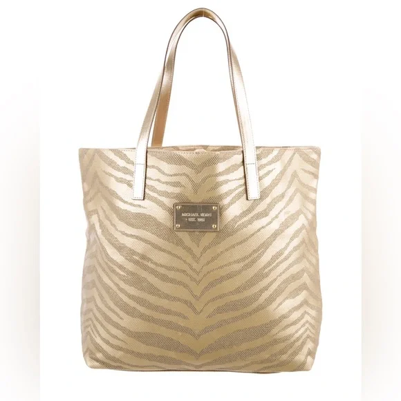 Michael Kors Zebra/Animal Print Metallic Gold and Beige Coated Canvas Tote