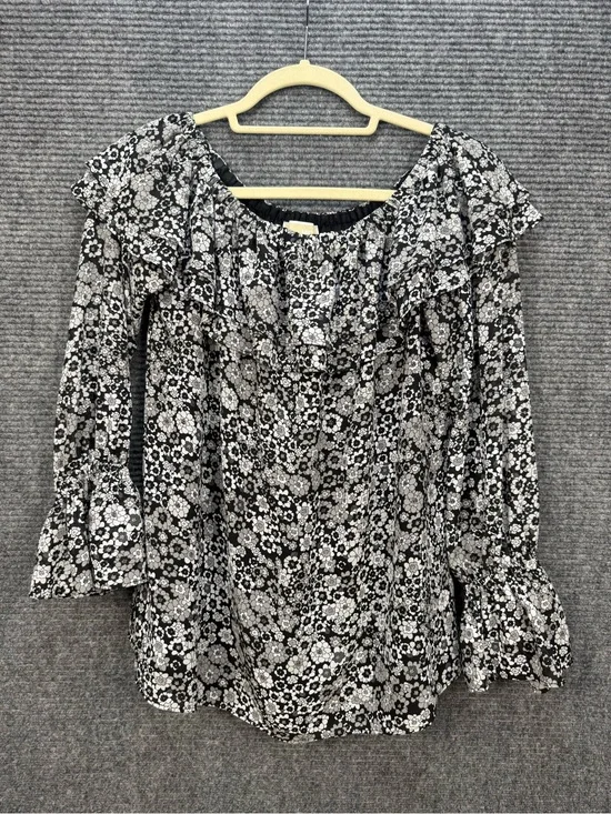 Michael Kors Womens Medium Off Shoulder Floral Blouse Bell Sleeve Lined Black
