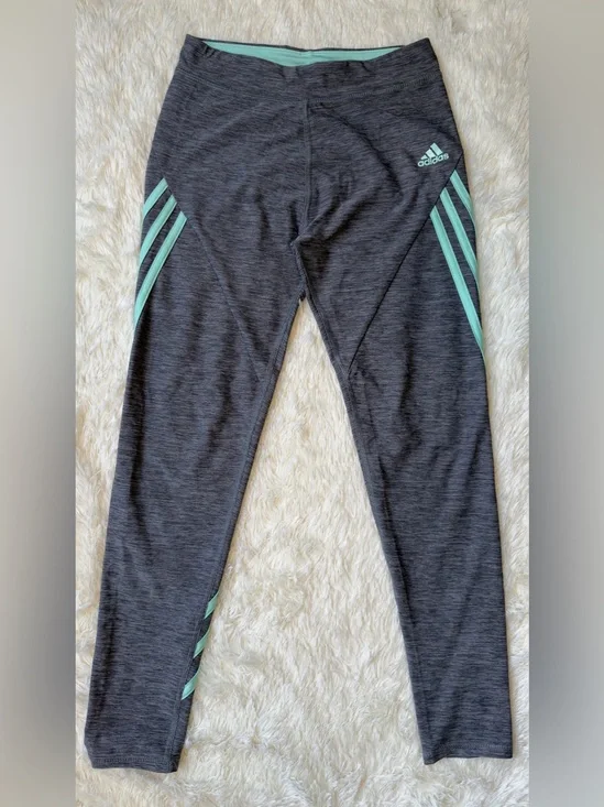 adidas Girls Heather Gray Leggings with Mint Stripes