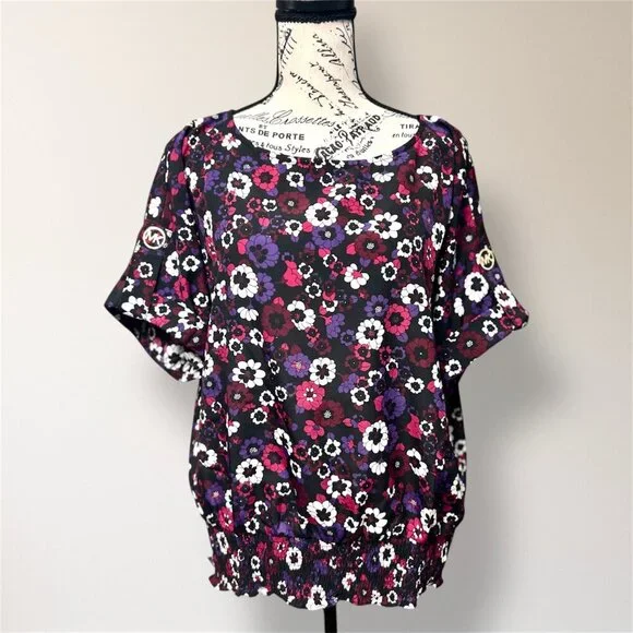 Michael Kors L Floral Blouse Smocked Waist Oversized‎ Top Gold MK Logo Boho