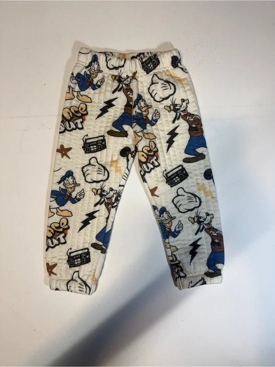 White Cartoon Character Jogger Pants with Blue & Tan Accents
