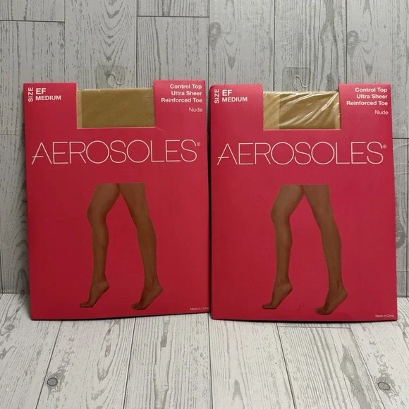 2x Aerosoles Ultra Sheer‎ Control Top Tights Reinforced Toe Beige Size Medium EF