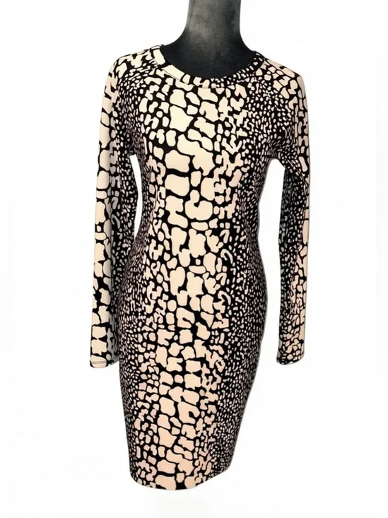 Michael Kors Black White Giraffe Print Long Sleeve Bodycon Dress Size S