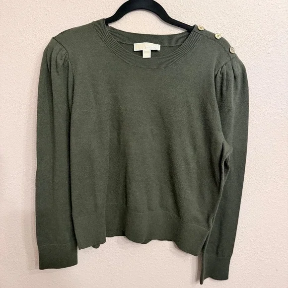 Michael Kors Womens XL Olive Green Puff Sleeve Button Shoulder Crewneck Sweater