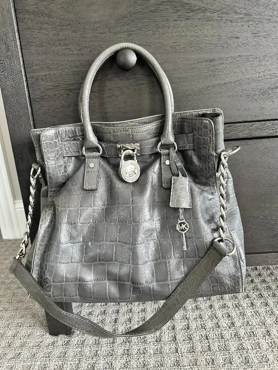 Michael Kors Hamilton Large Gray Croc Embossed Leather Tote Silver Padlock 2012