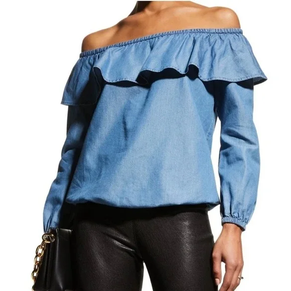 Michael Kors Top Womens 2X Off-the-shoulder Light Blue Ruffle Chambray NEW