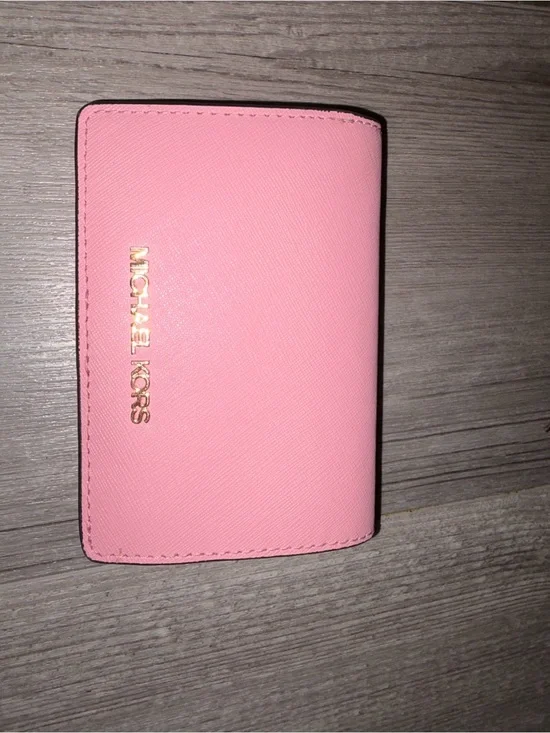 Michael Kors Pink Saffiano Leather Bifold Card Wallet with Gold Logo