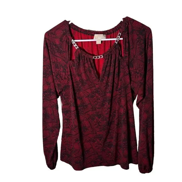 Michael Kors Blouse Women's Medium Chain Red Keyhole Long Sleeve Career Top