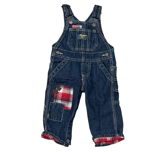 OshKosh Bgosh Baby Denim Overalls Plaid Flannel Lined Reindeer Patch 6 Months