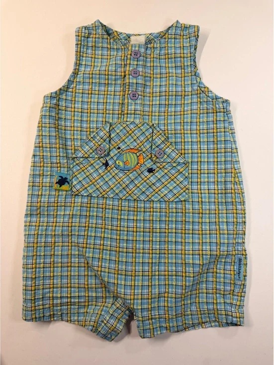 Vintage Healthtex Baby Boys Plaid Fish Romper Shortall Blue Yellow 12-18M