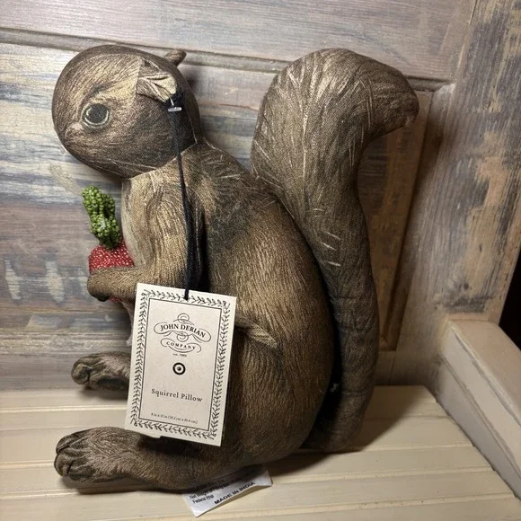 John Derian for Target 2025 Plush Woodland Squirrel holding Radish Pillow 8x12in