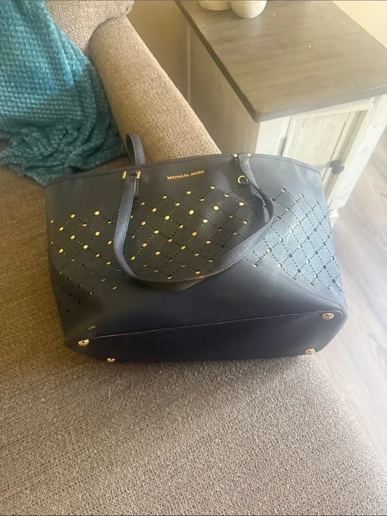 Michael Kors Black Perforated Tote with Gold Hardware