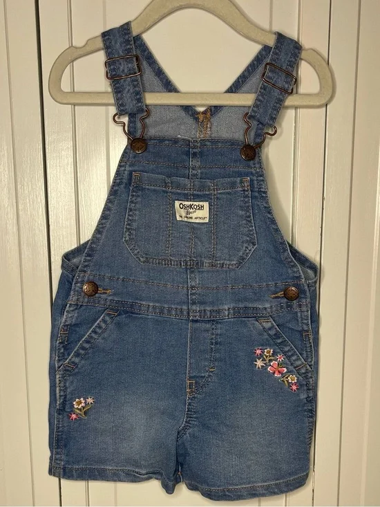 OshKosh B'gosh Blue Denim Floral Embroidered Kids Short Overalls
